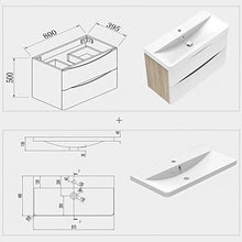 Xinyang Mobile da bagno sospeso 80 cm bianco + rovere con doppi cassetti e lavabo in pietra artificiale bianca