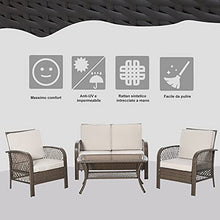 Outsunny Set Mobili da Giardino in Rattan Marrone, Set Tavolino, Sedie e Divano da Esterno 4Pz con Cuscini Imbottiti Cachi