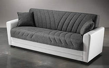 Divano 3 posti bianco e grigio in similpelle e tessuto - 220 x 88 x 83h cm, vano contenitore, trasformabile in letto una piazza e mezza - Arredi Casa