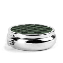 Contenitore rotondo per pillole in metallo a 3 scomparti, per medicinali e vitamine, in tartan, colore: verde scuro e nero