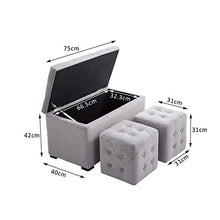 homcom Cassapanca Portaoggetti Set di 3 Pezzi con 2 Sgabelli Pouf in Velluto, Grigio Perla