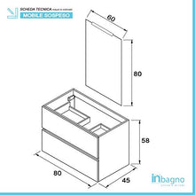 Mobile Bagno 80 cm sospeso Rovere Scuro con 2 cassettoni Completo di lavabo+Specchio+Ceramica+Lampada LED