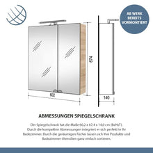 Planetmöbel Armadietto a specchio da bagno con illuminazione a LED, 60 cm (rovere Sonoma)