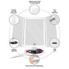 Specchio per trucco retroilluminato 38 luci a LED - Controllo della luce dello schermo Tri-Fold Ingrandimento 1X / 2X / 3X Specchio ingranditore cosmetico luminoso ad alta definizione portatile ad alt