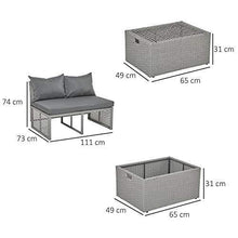 Outsunny Set Mobili da Giardino con Divano 2 Posti, Contenitore e Pouf in Rattan PE Salvaspazio con Cuscini, Grigio - Arredi Casa