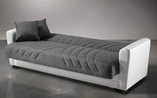 Divano 3 posti bianco e grigio in similpelle e tessuto - 220 x 88 x 83h cm, vano contenitore, trasformabile in letto una piazza e mezza - Arredi Casa