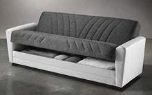 Divano 3 posti bianco e grigio in similpelle e tessuto - 220 x 88 x 83h cm, vano contenitore, trasformabile in letto una piazza e mezza - Arredi Casa