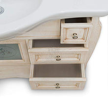 Arredo bagno in legno avorio in stile decapè con lavabo in ceramica e colonna