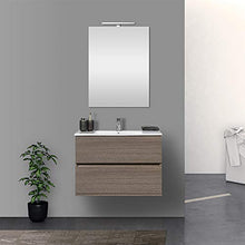 Mobile Bagno 80 cm sospeso Rovere Scuro con 2 cassettoni Completo di lavabo+Specchio+Ceramica+Lampada LED