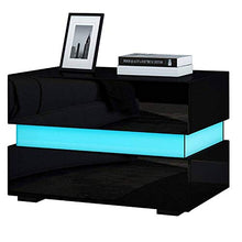 lyrlody Comodino Bianco/Nero con 2 Cassetti, Comodino Camera da Letto Lucido Comodino Cameretta con Illuminazione LED Blu e Telecomando, 60 x 39 x 45cm (Nero)