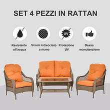 Outsunny Set Mobili da Giardino in Rattan PE con 2 Poltrone Divano a 2 Posti e Tavolo e Cuscini, Colore Khaki e Arancione