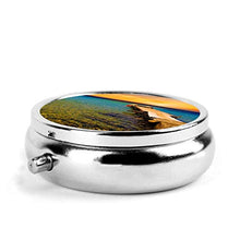 Scatola rotonda per medicina portatile, mini pillole in metallo, dispenser per pillole tascabili, borsa da viaggio, regalo per banchina, tramonto