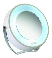 Laica PC5002 Specchio per il Trucco e il Make Up del Viso, Cornice con Luci a LED, Dimensione Reale e Ingrandimento X5, Diametro Specchio 7, 5 cm