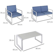 Set Salotto da Giardino Divano 2 Poltrone e Tavolino in Metallo Bianco e Blu