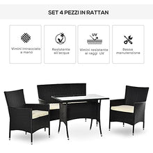 Outsunny Salotto da Giardino con Tavolo, 2 Poltrone e Divano 2 Posti, Set Mobile da Giardino in Rattan PE con Cuscini, Nero e Bianco