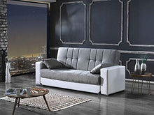 Eurobrico Divano Letto 3 POSTI con cassettone e Sistema Clic Clac in Tessuto e braccioli in Similpelle - Dimensioni L. 230 X H. 97 X P. 93.