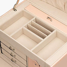 Portagioie in ecopelle con serratura per orecchini, collane, con grande specchio e cassetti (rosa)
