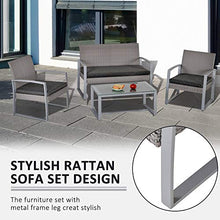 Set Salotto da Giardino Divano 2 Poltrone e Tavolino in Metallo e Rattan Grigio