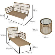 Outsunny Set 3 Pezzi Mobili da Giardino in Rattan, Divano 2 Posti con Chaise Longue e Tavolino, Beige e caffè