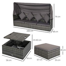 Outsunny Set Mobili da Giardino in Rattan PE, Divano 3 Posti con Tetto, Tavolino, Poggiapiedi e Cuscini, Grigio