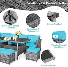 YRRA - Set di 7 mobili da giardino in rattan sezionale, con cuscini per tutte le condizioni atmosferiche, in vimini con tavolo da pranzo e ottomani, colore: Turchese