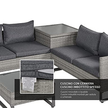 Outsunny Set Mobili da Giardino in Rattan PE con 2 Divani Angolari, Contenitore e Tavolino con Cuscini, Arredamento da Esterno in Grigio