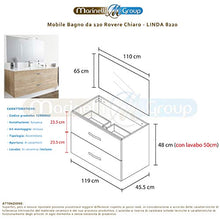 Mobile bagno SOSPESO 120 cm con lavabo in ceramica e specchio con cassetti ROVERE CHIARO LINDA 8220