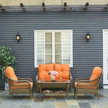 Outsunny Set Mobili da Giardino in Rattan PE con 2 Poltrone Divano a 2 Posti e Tavolo e Cuscini, Colore Khaki e Arancione