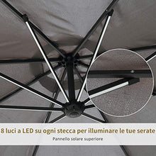 Outsunny Ombrellone da Giardino a Braccio con Manovella e 8 Strisce LED a Energia Solare Φ2.95x2.45m, Grigio