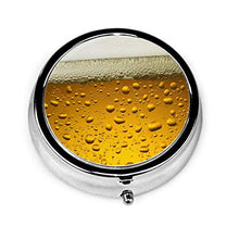 Scatola rotonda per medicina portatile, mini pillole in metallo, dispenser per pillole tascabili, borsa da viaggio, regalo per birra, carta da parati