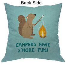 Moslion - Cuscino per scoiattoli con scoiattolo sorridente con marshmallow su ramo di albero, fuoco, campeggio, picnic, blu, marrone, decorativo, quadrato, in cotone, lino, 45 x 45 cm