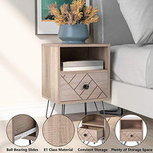 Comodino, cassettiera, 1 cassetto e 1 ripiano con maniglie e guide in metallo, mobili per camera da letto in rovere