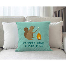 Moslion - Cuscino per scoiattoli con scoiattolo sorridente con marshmallow su ramo di albero, fuoco, campeggio, picnic, blu, marrone, decorativo, quadrato, in cotone, lino, 45 x 45 cm