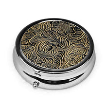 Scatola rotonda per medicina portatile, mini portapillole in metallo, dispenser per pillole tascabili, borsa da viaggio, design damascato floreale nero e oro