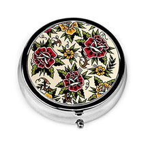Scatola rotonda per medicina portatile, mini pillole in metallo, dispenser per pillole per borsa da tasca, borsa da viaggio, regalo con fiori tatuaggio
