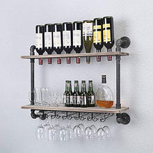 FURVOKIA - Scaffale da parete per vino industriale, rustico, con supporto in vetro, da appendere al muro, a 2 ripiani in legno, per casa, soggiorno, cucina, espositori (61 cm)