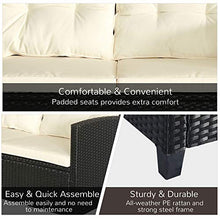 Set Salotto da Giardino Divano 2 Poltrone e Tavolino in Rattan Nero e Crema