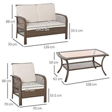 Outsunny Set Mobili da Giardino in Rattan Marrone, Set Tavolino, Sedie e Divano da Esterno 4Pz con Cuscini Imbottiti Cachi