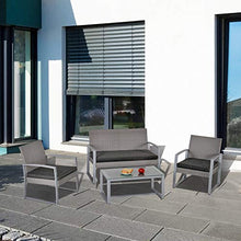 Set Salotto da Giardino Divano 2 Poltrone e Tavolino in Metallo e Rattan Grigio