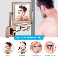 Specchio per il trucco con montaggio a parete illuminato a LED, specchio da barba da bagno da 8 pollici a parete, specchio da trucco quadrato, ingrandimento 3X girevole, spina opzionale su due lati,