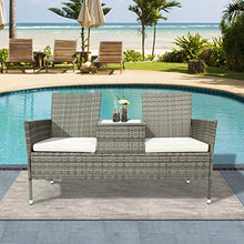 Pumpumly Panchina da giardino in polyrattan, con tavolo da 2 posti, cuscini da 5 cm, grigio