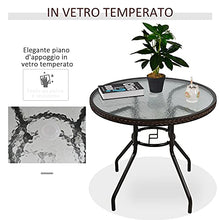 Outsunny Tavolo da Giardino in Rattan, Tavolino Rotondo da Esterno in Vetro Temperato con Foro per Ombrellone, Marrone, Φ80x71cm