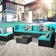 MengFeiNi 7 Set di Mobili da Giardino Conversazione - Pezzi All'aperto all-Meteo in Vimini Divano Rattan con Tavolo tè E Tavolino Lavabile Cuscini Nero (Verde)