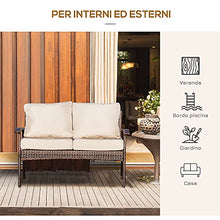 Outsunny Divano da Esterno 2 Posti in Rattan PE, Panchina da Giardino con Cuscini e Braccioli, 120x63x77cm Marrone
