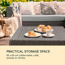 blumfeldt Theia Lounge Set - Set Mobili da Giardino, Set Angolo, Set in 2 Parti: Divano ad Angolo e Sgabello, Imbottitura 10cm, 5 Cuscini, incl Parapioggia, Federe Grigio Chiaro, Rattan: Nero