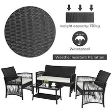 GARTIO Set da Giardino, Set di Mobili in PE Rattan, con Tavolino in Vetro, 1 Divano a Due Posti e 2 Poltrona, con Cuscini, per Giardino, Terrazza e Balcone