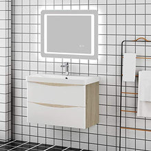 Xinyang Mobile da bagno sospeso 80 cm bianco + rovere con doppi cassetti e lavabo in pietra artificiale bianca