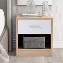 Comodino, cassettiera, 1 cassetto e 1 ripiano con maniglie e guide in metallo, bianco e rovere