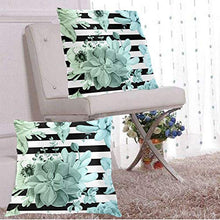 Set di 2 federe decorative per cuscini, motivo: piante grasse in giardino, blu e verde, sfumate con strisce nere.