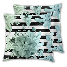 Set di 2 federe decorative per cuscini, motivo: piante grasse in giardino, blu e verde, sfumate con strisce nere.